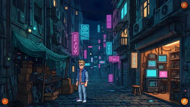 Scott in a narrow alley full of neon signs, crates and a little electronics shop