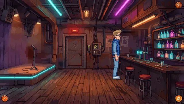 Scott at the counter of a dimly lit bar with a small stage and a microphone